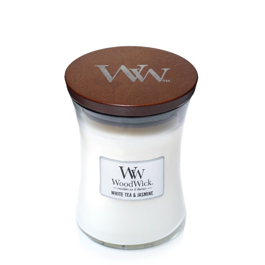 Ароматична свічка з ароматами жасмину Woodwick Medium White Tea & Jasmine 275 г - фото №1 Ароматична свічка з ароматами жасмину Woodwick Medium White Tea & Jasmine 275 г - фото №1